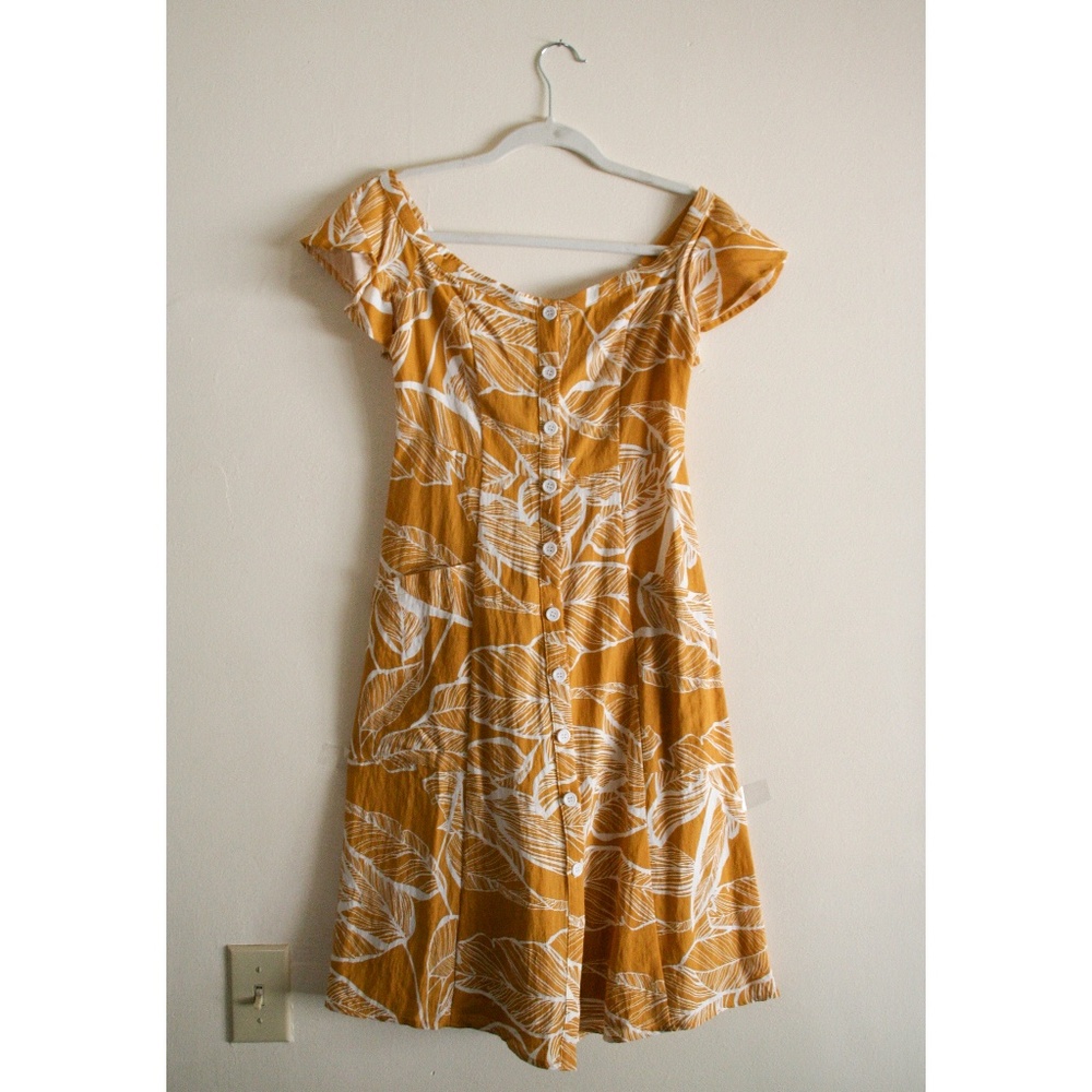 Yellow, floral print, off the shoulder dress
